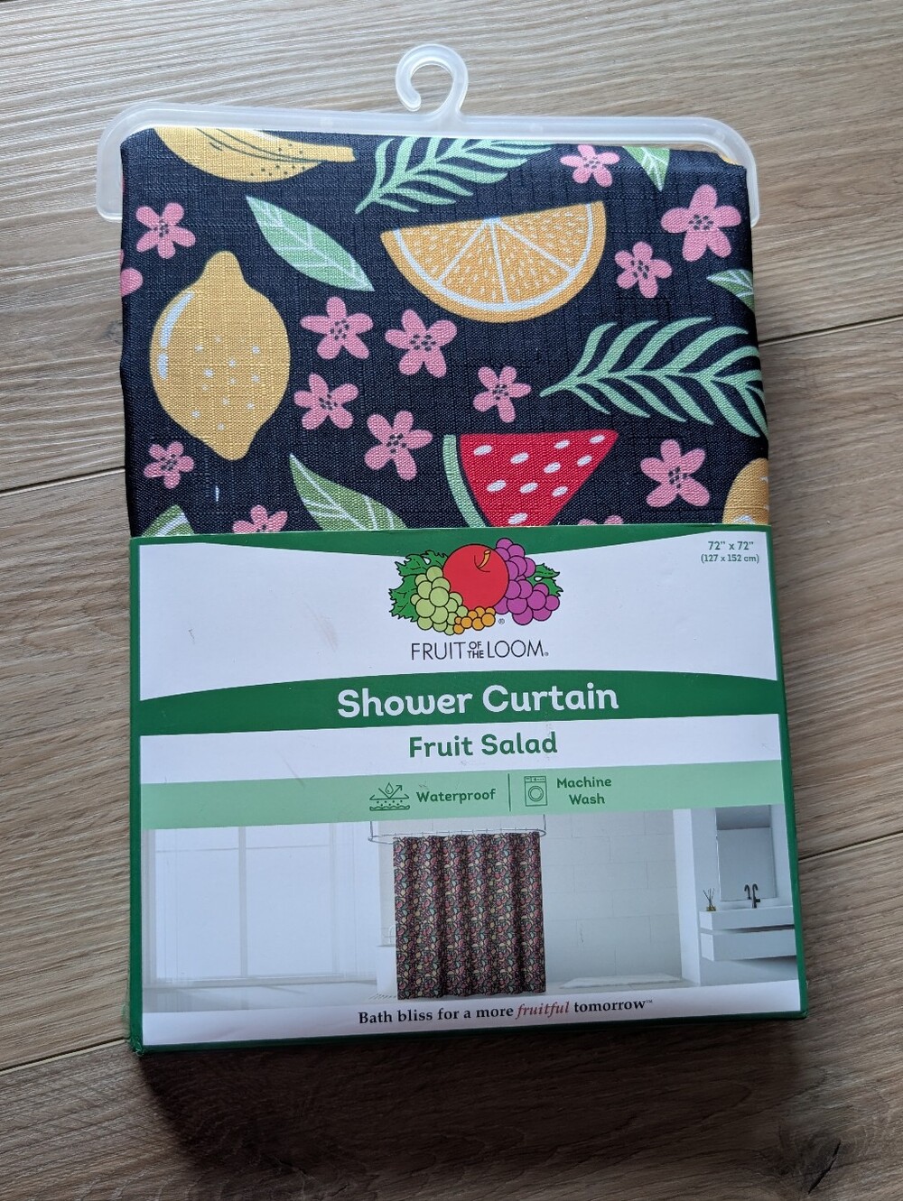 New!Fruit of the Loom Navy Shower Curtain with Fruit Print 72"x72"